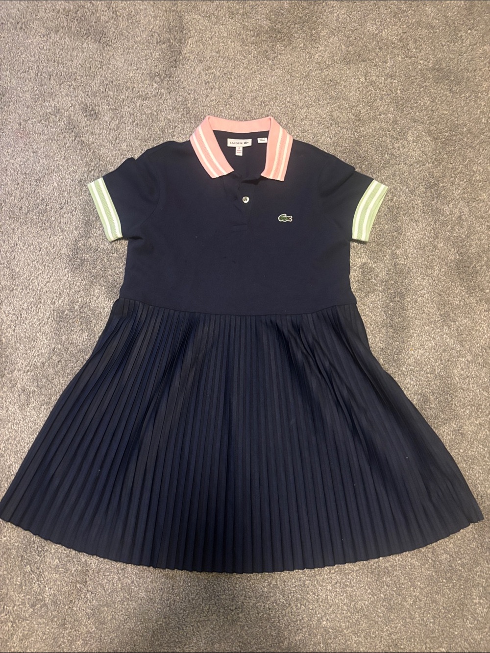 Lacoste Navy Pleated Polo Dress with Pink Collar and Mint Trim